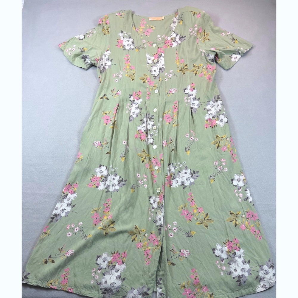 La Cera Sage Green Floral Rayon Button Front Midi Dress XL Tie Back Short Sleeve